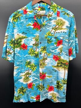 Oliver & Burke Shirt Men's XL Shirt Blue Tropical Hawaiian Palm Hibiscus Summer